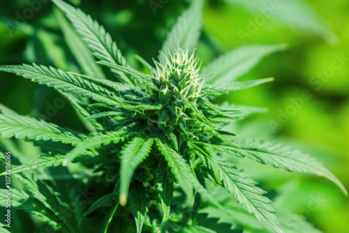 Close-up of a marijuana plant with green leaves, suitable for editorial use