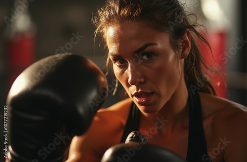 A determined female boxer training intensely in a gym during the late afternoon hours, showcasing her focus and strength