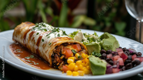 Burrito serwowane na eleganckim talerzu, wypełnione składnikami takimi jak jajka, świeże warzywa i aromatyczny ser.