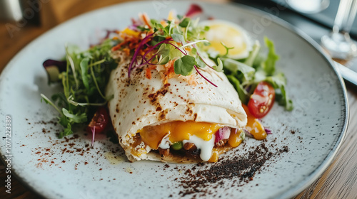 Burrito serwowane na eleganckim talerzu, wypełnione składnikami takimi jak jajka, świeże warzywa i aromatyczny ser.