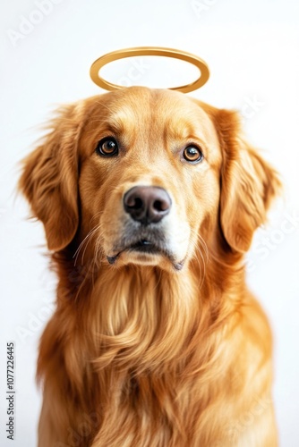 A dog wearing a halolike crown, ideal for use in whimsical or humorous contexts