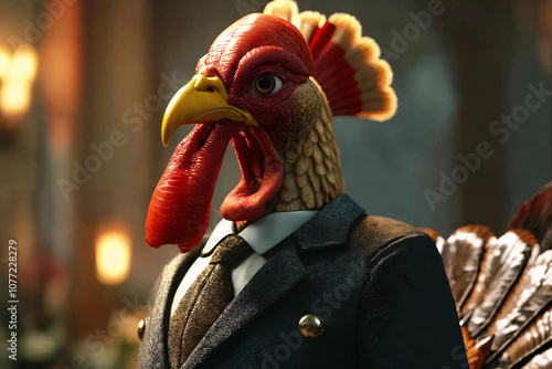 Pompous turkey in a business suit. Boss of company. Anthropomorphic bird director. Allegory, metaphor.