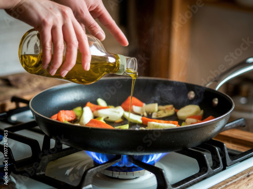 Manos vertiendo aceite de oliva en una sartén chisporroteante sobre una estufa de gas. La sartén está llena de verduras para freír y el aceite chisporrotea 