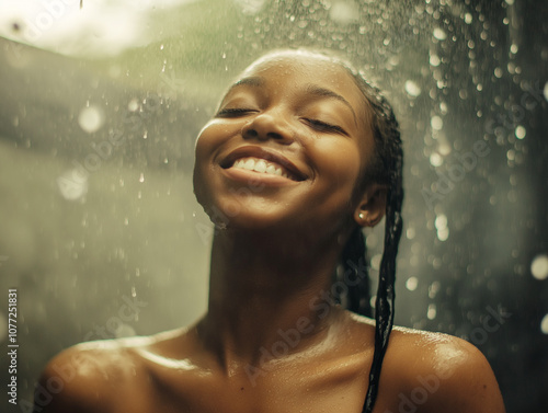 Smiling young woman enjoying a refreshing shower with water droplets around her, conveying relaxation, freshness, and self-care in a wellness routine.