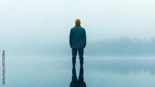 Solitude in the Mist: A lone figure stands on a still lake, shrouded in an ethereal fog, contemplating the mysterious horizon. The image evokes a sense of introspection, peace.