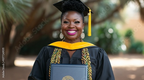 Graduation Day: Radiating pride, a young woman in a graduation gown, cap, and diploma holds her certificate, her smile reflecting the culmination of hard work and dedication.