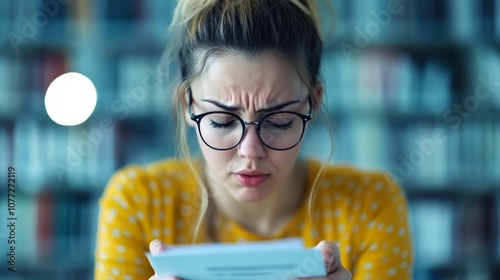 Exam Anxiety: A young woman's brow furrows in concentration as she carefully reviews some important documents, her expression reflecting the stress and pressure of a crucial exam.