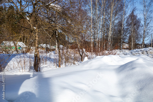 large snowdrifts on the background of leafless trees and village houses