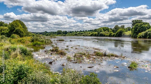 A river polluted with trash under a partly cloudy sky.