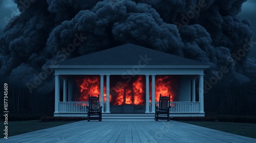 Burning Mansion: A haunting image of a burning mansion with dark, ominous clouds looming overhead, evoking feelings of loss, danger, and destruction. The flames engulf the house.