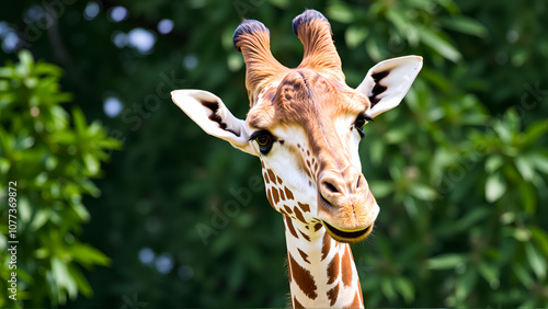 The giraffe (Giraffa camelopardalis), African even-toed ungulate mammal, the tallest of all extant land-living animal species, portrait of beautiful animal with green leaves in background