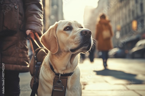 Guide Dog Providing Safety and Vigilance for Hearing-Impaired Owner in Bustling City