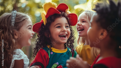 A group of kids playing dress-up with costumes and props with smiles and laughter as they put on a show for each other.