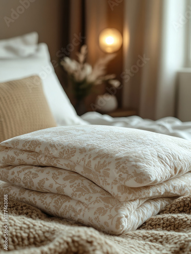 Cozy bedroom with patterned comforter on the bed.