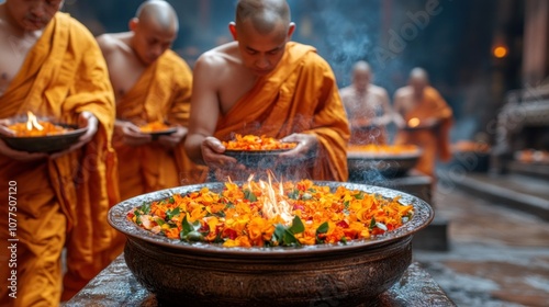 Monks walking barefoot on an alms round, symbolizing humility and devotion in Buddhist monastic life