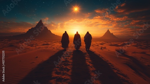 The three wise men from the nativity story journeying across the desert, guided by a bright star in the sky, celebrating the Epiphany and the holiday of Three Kings Day