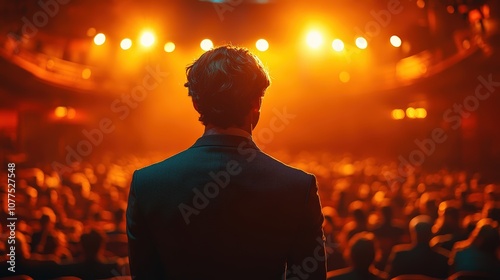 A man in a suit stands on stage under bright lights, addressing a large audience in a theater or conference hall