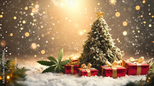 Giant bud shaped like a Christmas tree surrounded by presents and snow. Cannabis themed Christmas background for Marijuana sales at legal dispensaries.