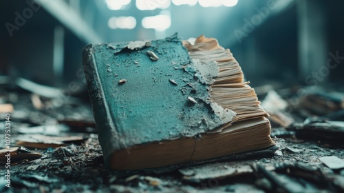 An image depicting an old, weathered book lying in an abandoned library, surrounded by dust and debris, symbolizing forgotten knowledge and time’s passage.