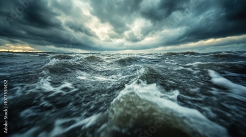 The photograph captures a wild and restless ocean, with churning waves and a dramatic sky filled with rolling clouds, embodying power and awe of nature.