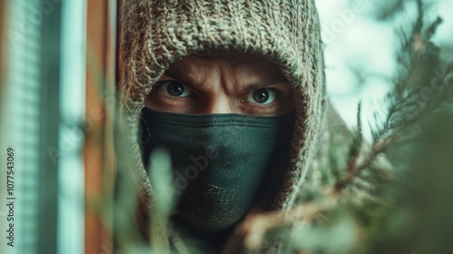 The image captures a hooded figure peering intensely, only partially unveiled, inciting intrigue and mystery as the expression suggests a concealed purpose or intent.