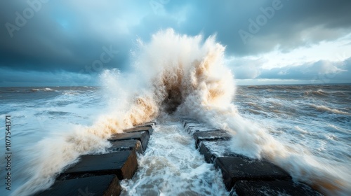 A towering wave majestically collides with a robust stone pier, captured under a stormy sky, highlighting the elemental force and grandeur of the sea in motion.