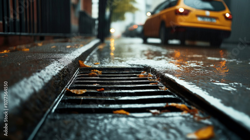 Wet street scene with focus on a storm drain in foreground, fallen leaves, and a blurred yellow car driving away in the background on a rainy day.