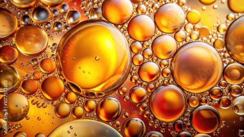 A mesmerizing abstract pattern of shimmering golden and orange bubbles, a symphony of liquid shapes and reflections, creating a captivating microcosm of color and light.