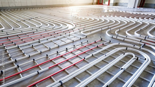 Installation of a radiant floor heating system with white pipes and red manifolds on a concrete subfloor