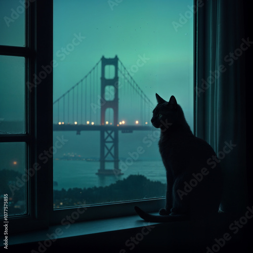 A cat sits on a window sill, looking out at a bridge with red lights. It's nighttime, and the cat seems to be watching the lights of the bridge.