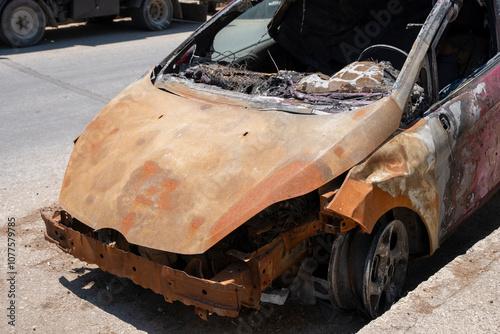 Crashed and burned wrecked car