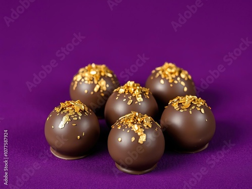 Luxurious chocolate truffles decorated with shimmering gold flakes on a rich purple background, gold, indulgent, decadent