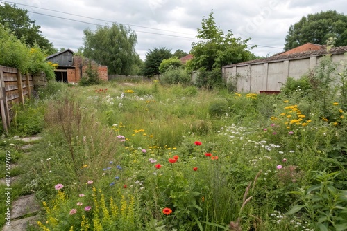 Overgrown and neglected garden with wildflowers and weeds, nature, countryside, wild plants, foliage, overgrowth