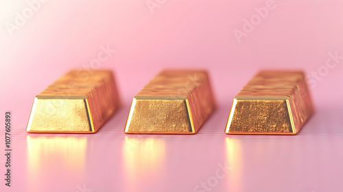 Three Gold Bars on a Pink Background, bullion, wealth, richness, luxury, finance