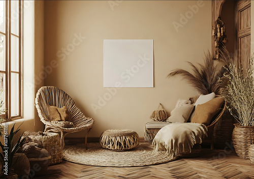 Professionally photographed bohemian style room with rich beige color scheme and warm wood elements The walls are painted beige and the floors are made of rustic pol