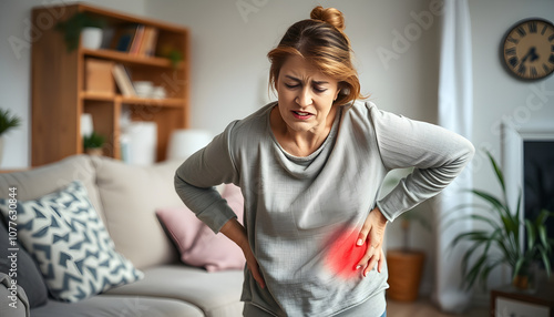 Upset woman suffering from hip joint pain at home isolated with white highlights, png