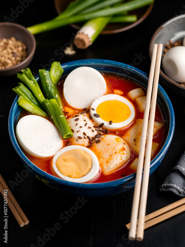 Tteokbokki with eggs, fresh green leek and roasted sesame seeds in blue bowl on the dark rustic table. Tteok-bokki is a Korean cuisine dish with rice gnocchi sticks and spacy sauce. Asian street food