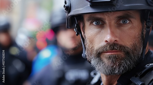 A close-up portrait of a man with a beard in tactical gear, his focused eyes indicating alertness, responsibility, and readiness in a critical situation.