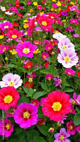 Vivid multi colored mallow flowers blooming abundantly in a lush field, bright, petals, landscape