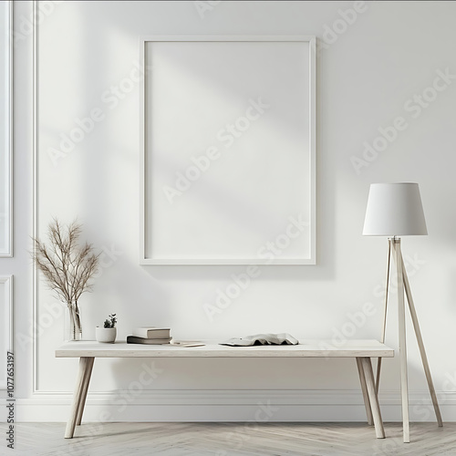 white wall with a blank square white poster frame very bright The poster is framed in silver trim adding contrast to its minimalist design This scene captures an brig