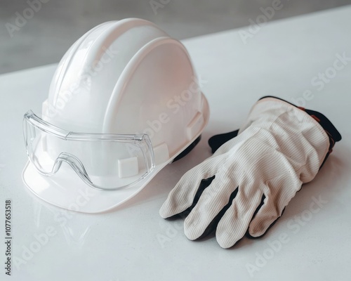 A white hard hat and protective gloves are placed on a surface, emphasizing safety equipment for construction or industrial work.