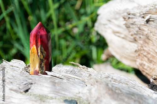 A close up image of a red and yellow Mookite Jasper crystal tower on a driftwood log. 