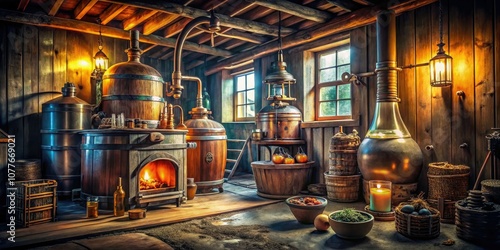 In a shadowy barn, a rustic moonshine still glimmers softly, encircled by vintage bottles and aged wooden barrels, creating an atmosphere steeped in history.