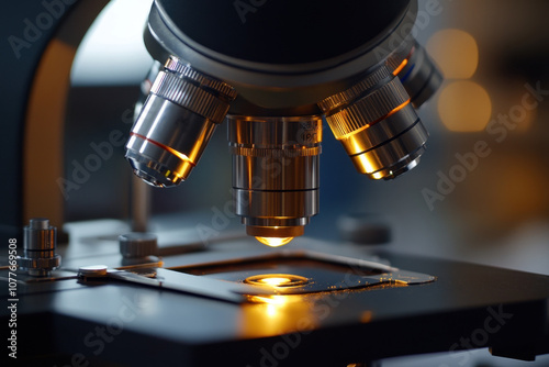 Close-up view of a microscope with illuminated lenses in a laboratory setting, highlighting scientific precision and technology in brilliant detail.