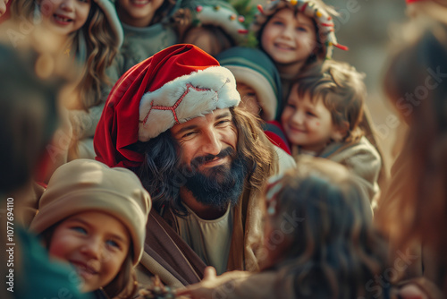 Jesus Christ with Santa Claus Hat Surrounded by Happy Children Sharing Christmas Joy and Blessings in a Festive Setting