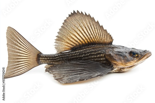 A brown and gray fish with a large dorsal fin and a white background.