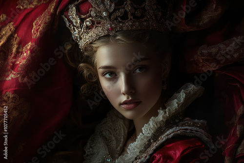 Regal young woman with ornate crown and red gown, evoking a sense of elegance and nobility in a richly textured and dramatic setting.