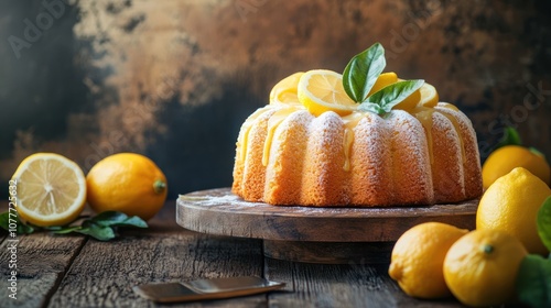 A lemon bundt cake with a lemon glaze and fresh lemon slices, on a wooden cake stand, with a few lemons scattered around it, on a rustic wooden table.