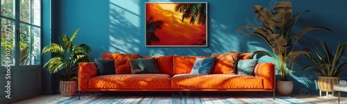 Couch with pillows and a painting on the wall, modern maximalist interior, banner