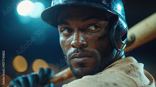 Close-up of baseball player in professional uniform gripping bat with intense concentration as he prepares to hit ball during playoff game. Bright stadium lights